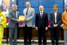 Federal Minister Ahsan Iqbal receiving a golden commemorative shield from AIOU Vice Chancellor Prof. Dr. Nasir Mahmood alongside other officials at an international conference ceremony.