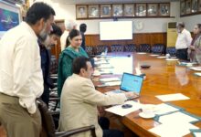 Punjab University Vice Chancellor Prof. Dr Muhammad Ali sitting at a conference table operating a laptop to launch the online affiliation portal, surrounded by faculty and committee members.