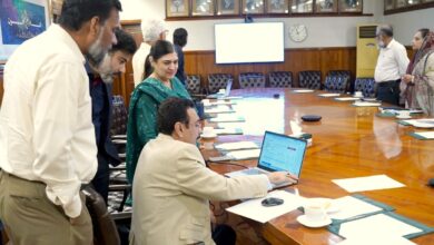 Punjab University Vice Chancellor Prof. Dr Muhammad Ali sitting at a conference table operating a laptop to launch the online affiliation portal, surrounded by faculty and committee members.