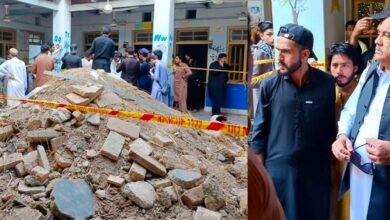 Peshawar school roof collapse site in Dir Colony inspected by PML-N MPA Malik Tariq Awan alongside concrete debris and yellow police tape.
