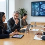 Pioneering Ethical Governance: A diverse group of financial professionals and accountants discussing ethical AI integration and digital analytics in a modern corporate boardroom.