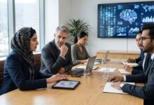 Pioneering Ethical Governance: A diverse group of financial professionals and accountants discussing ethical AI integration and digital analytics in a modern corporate boardroom.