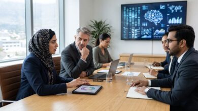 Pioneering Ethical Governance: A diverse group of financial professionals and accountants discussing ethical AI integration and digital analytics in a modern corporate boardroom.