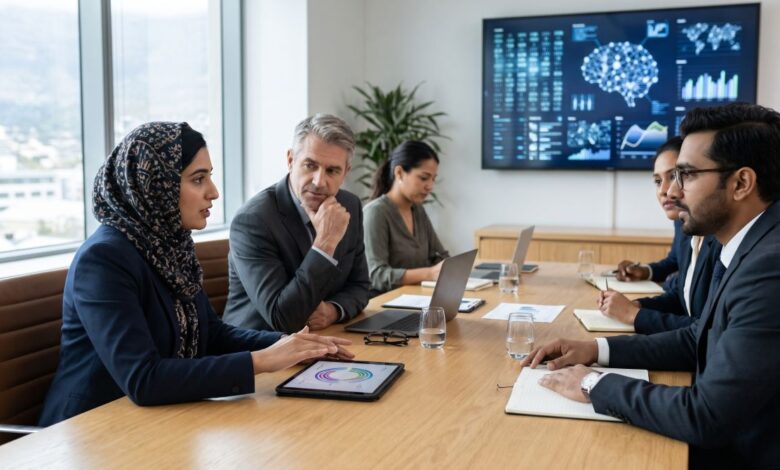 Pioneering Ethical Governance: A diverse group of financial professionals and accountants discussing ethical AI integration and digital analytics in a modern corporate boardroom.