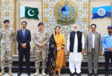 Parliamentary Secretary Ms Rabia Naseem Farooqi (lawmaker), Chairman HEC Dr Niaz Ahmad Akhtar, and HEC leadership alongside ANF and ICT Police officers standing outside the HEC Secretariat building.