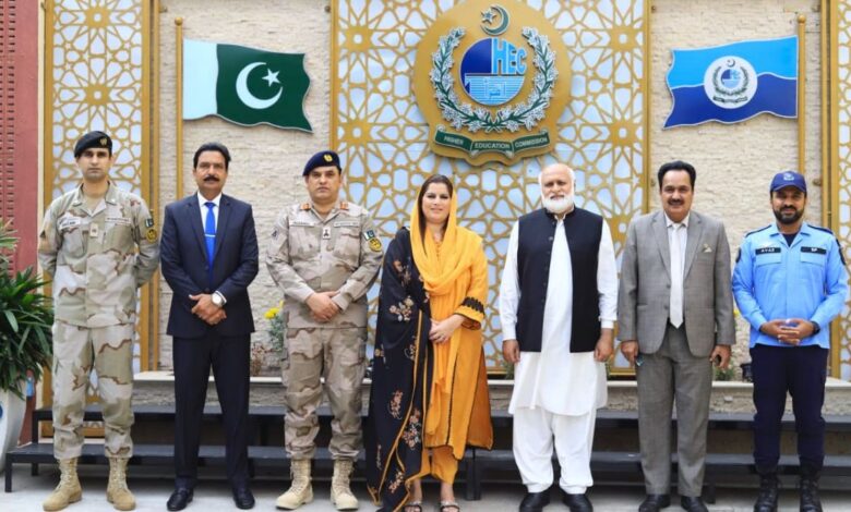 Parliamentary Secretary Ms Rabia Naseem Farooqi (lawmaker), Chairman HEC Dr Niaz Ahmad Akhtar, and HEC leadership alongside ANF and ICT Police officers standing outside the HEC Secretariat building.