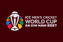 TMen’s Cricket World Cup 2027, the official logo for the ICC features a deep maroon background with colourful geometric side patterns. The central white emblem depicts the World Cup trophy surrounded by vibrant, colourful shapes, with the text "ICC MEN'S CRICKET WORLD CUP" above "SA·ZIM·NAM·2027".