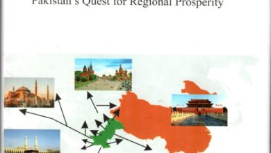 Strategic geo-economics book cover of Contested Corridors: Pakistan’s Quest for Regional Prosperity by Brigadier Abdul Rahman Bilal, published by NBF. The image displays the front cover of the book titled "Contested Corridors: Pakistan’s Quest for Regional Prosperity" authored by Brigadier Abdul Rahman Bilal, S.J. (Retired). Top Section: Features the title in large dark text beneath a waving national flag of Pakistan set against a clean white background. Middle Section: Displays an illustrated map graphic showing regional connectivity vectors originating from Pakistan (highlighted in green) and China (highlighted in orange). Arrows point outward toward key geographical and cultural landmarks depicted in small inset photos, including the Hagia Sophia in Istanbul, Red Square in Moscow, Tiananmen Gate in Beijing, and the Grand Mosque in Makkah. Bottom Section: Shows a tranquil blue ocean coastline with clear waters and sandy shores, featuring the author's name printed in bold dark typography along the bottom margin.