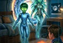 Exploring the Solar System: Front cover of the Urdu children's science fiction book Sonora by Nadeem Akhtar Ghazali, featuring a young boy holding a glowing book as two alien figures emerge from a glowing portal in a bedroom.