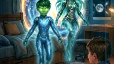 Exploring the Solar System: Front cover of the Urdu children's science fiction book Sonora by Nadeem Akhtar Ghazali, featuring a young boy holding a glowing book as two alien figures emerge from a glowing portal in a bedroom.