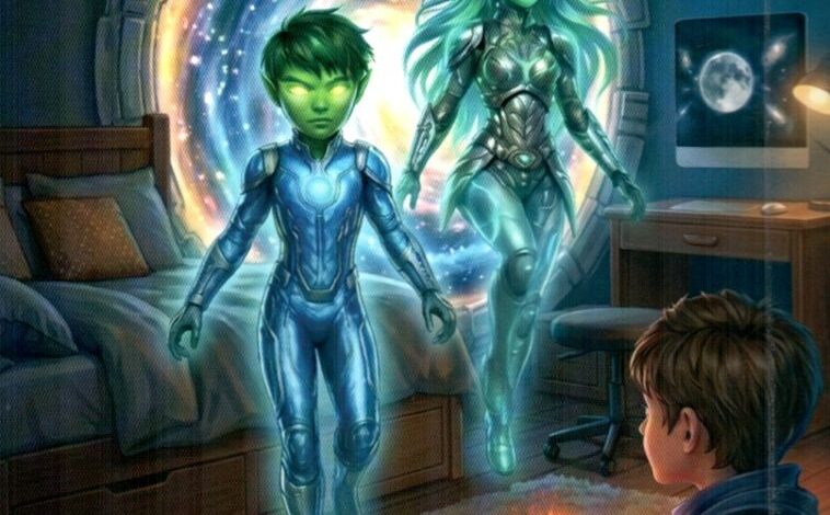 Exploring the Solar System: Front cover of the Urdu children's science fiction book Sonora by Nadeem Akhtar Ghazali, featuring a young boy holding a glowing book as two alien figures emerge from a glowing portal in a bedroom.